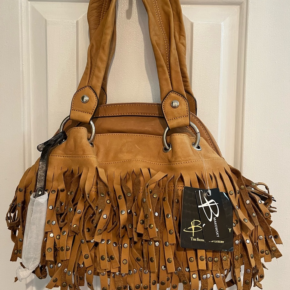 B. Makowsky Vintage Camel Brown Fringe Leather Bag
